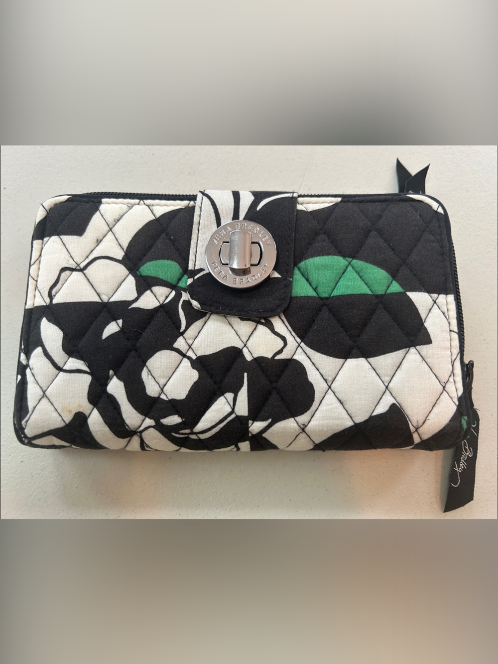 Vera Bradley Black White Green Quilted Turn-Lock Phone Wallet